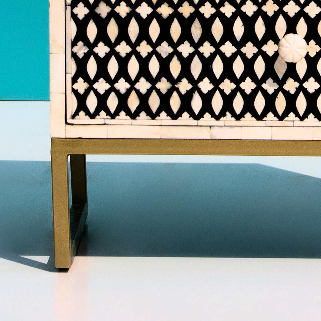 Ghoomar Black & White Geometric Bone Inlay 2-Drawer Bedside with Gold-Finish Legs