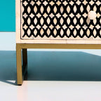 Ghoomar Black & White Geometric Bone Inlay 2-Drawer Bedside with Gold-Finish Legs