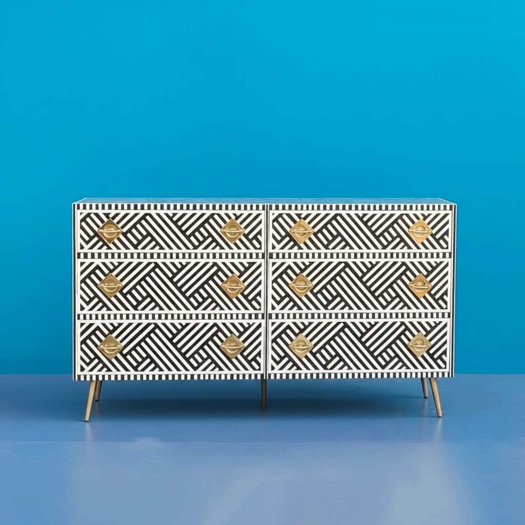 Optical Bone Inlay Chest of 9 Drawers with Metal Handles
