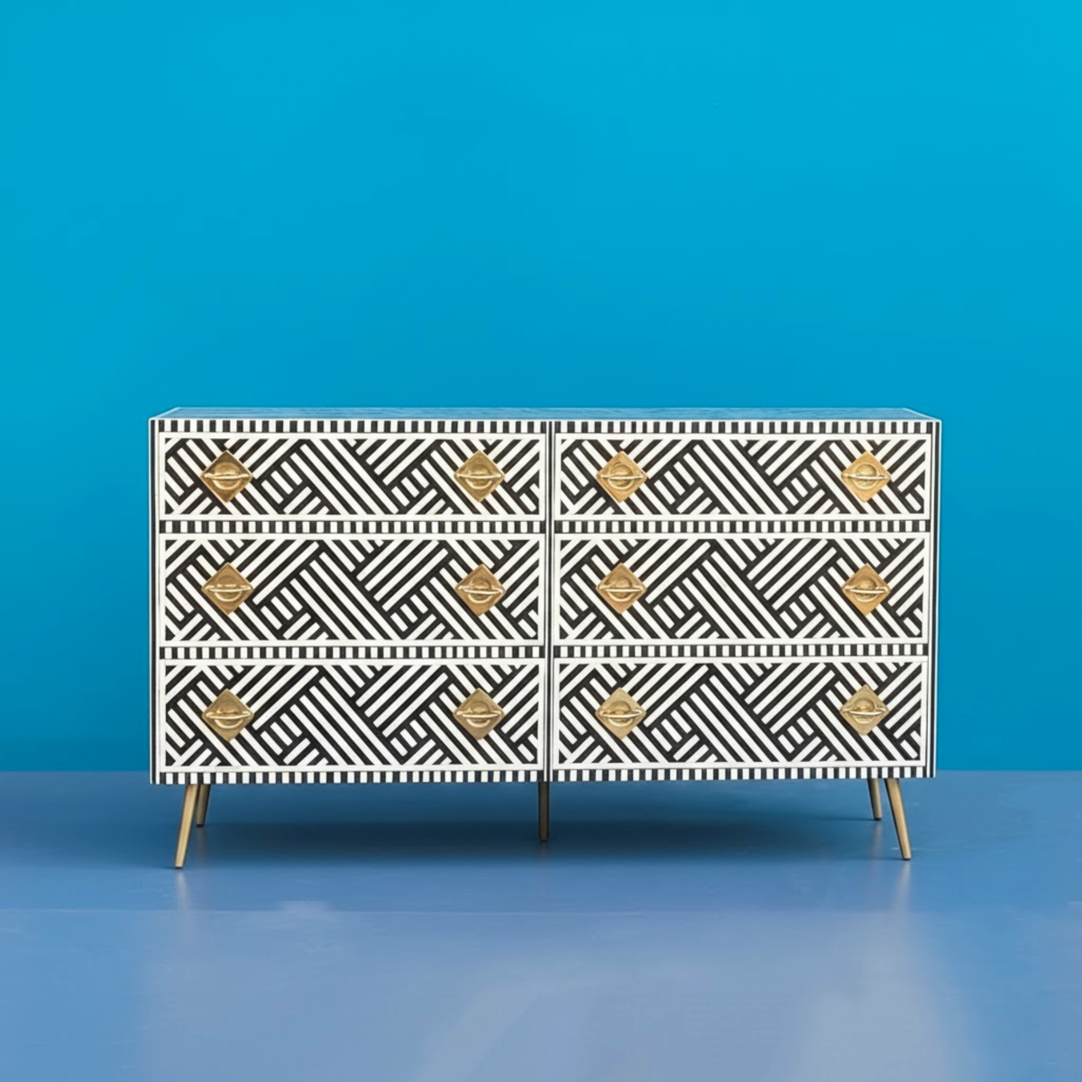 Optical Bone Inlay Chest of 9 Drawers with Metal Handles