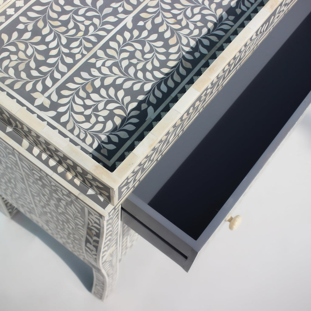 Virasat Grey & White Floral Bone Inlay Chest of 3 Drawer with French Colonial Curved Legs