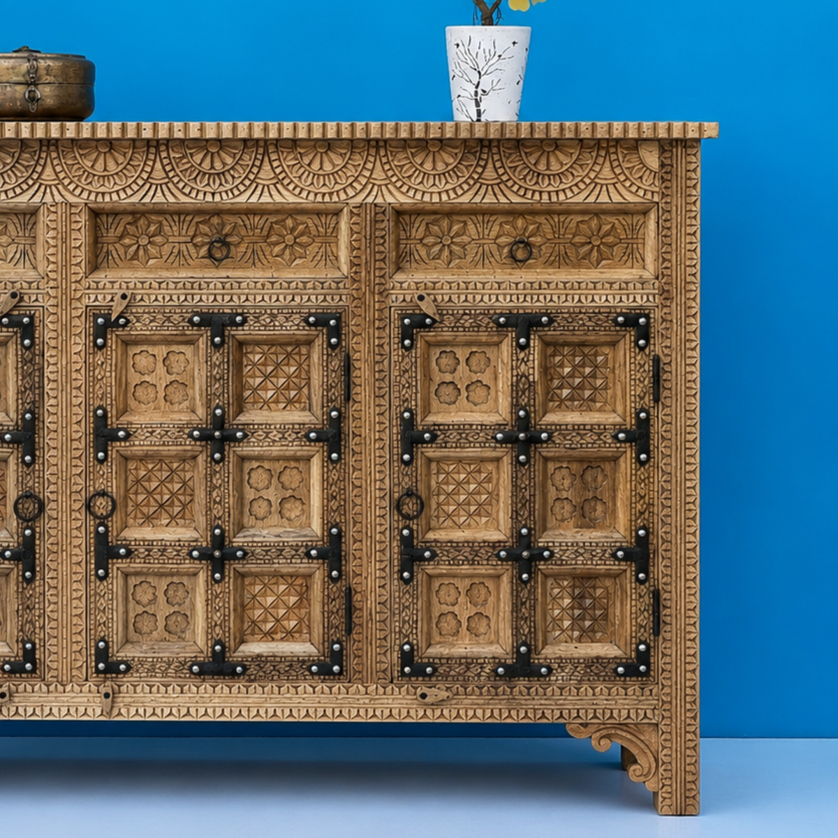 Royal Carved Solid Mango Wood Sideboard Storage Cabinet