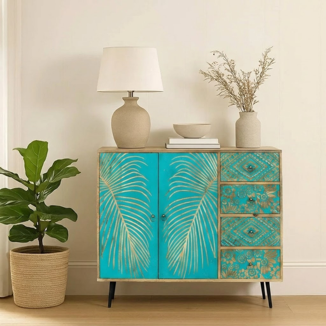 Handcrafted Wooden Carving Chest of Drawers in Natural & Green Finish Hover Image