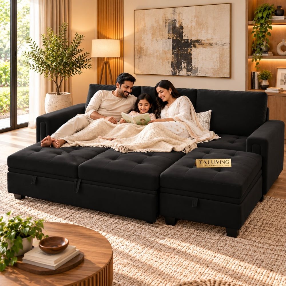 3-Seater Pull-Out Sofa Cum Bed with Storage Velvet Ottoman
