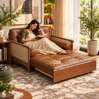 Rattan Weaving Armrests Leatherette Fabric Retro Sofa Bed with Underneath Storage