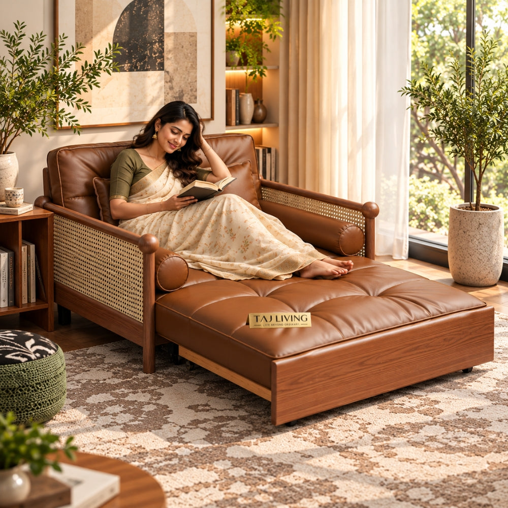 Rattan Weaving Armrests Leatherette Fabric Retro Sofa Bed with Underneath Storage