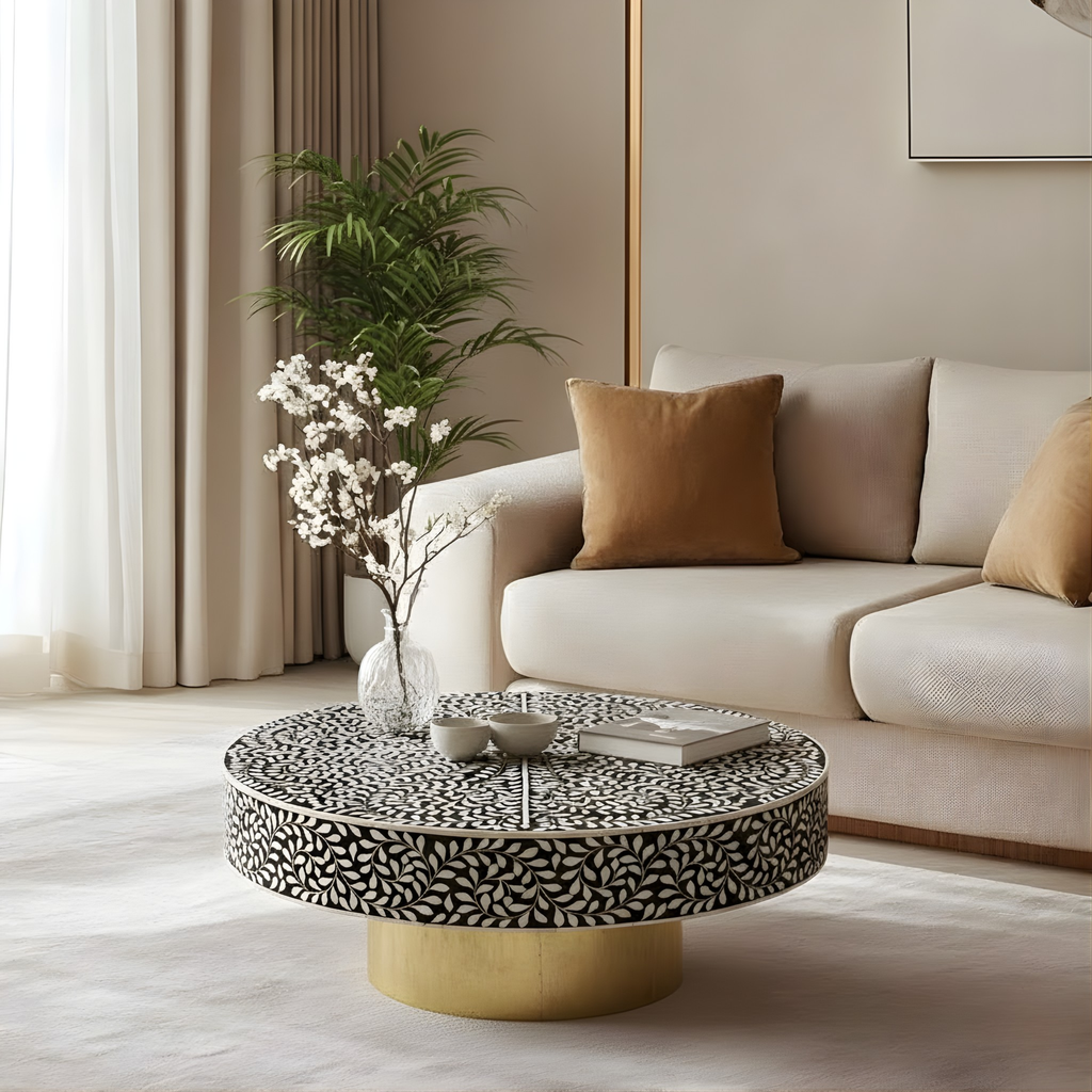 Rajwada Black and White Leaf Bone inlay Coffee Table
