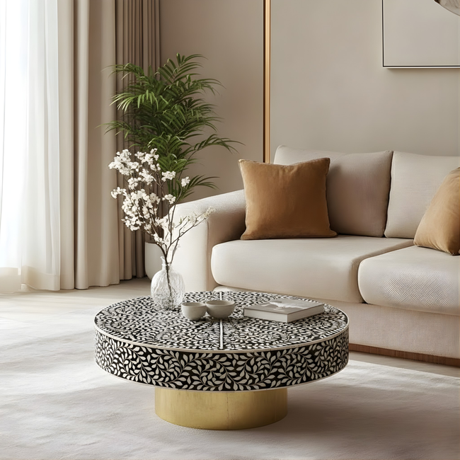 Rajwada Black and White Leaf Bone inlay Coffee Table Hover Image
