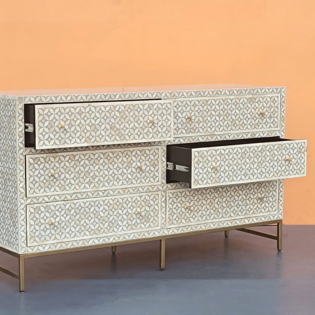 Raj Mahal Bone Inlay Chest of 6 Drawers Geometric Pattern Gold-Toned Metal Legs