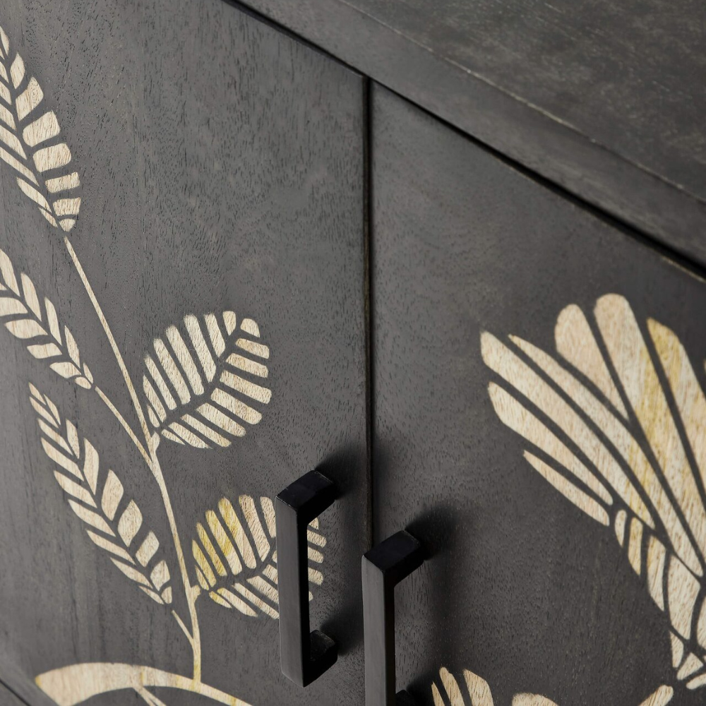 Sand Etched Mandana Floral Carved Wooden Cabinet