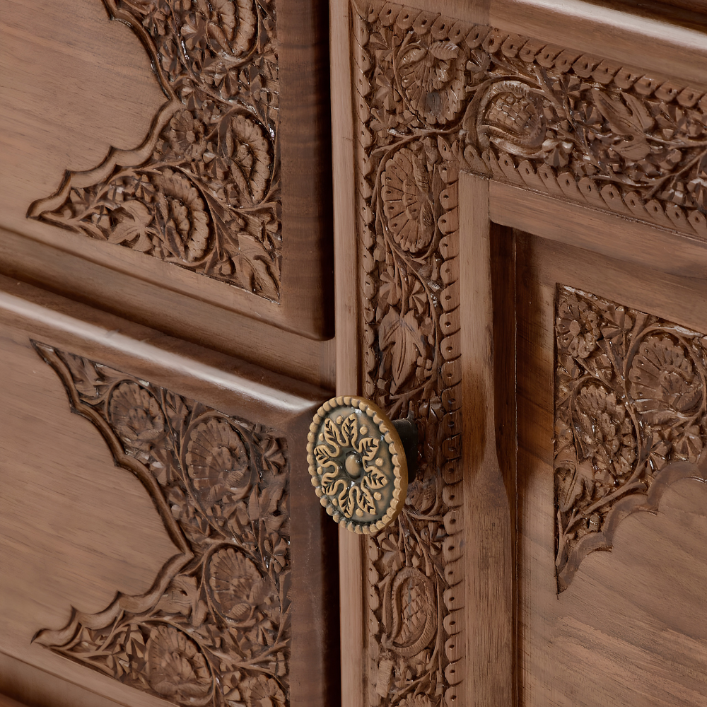 Rajwada Hand-Carved Wooden Sideboard – 6-Drawer & 2-Door Ornate Storage Cabinet