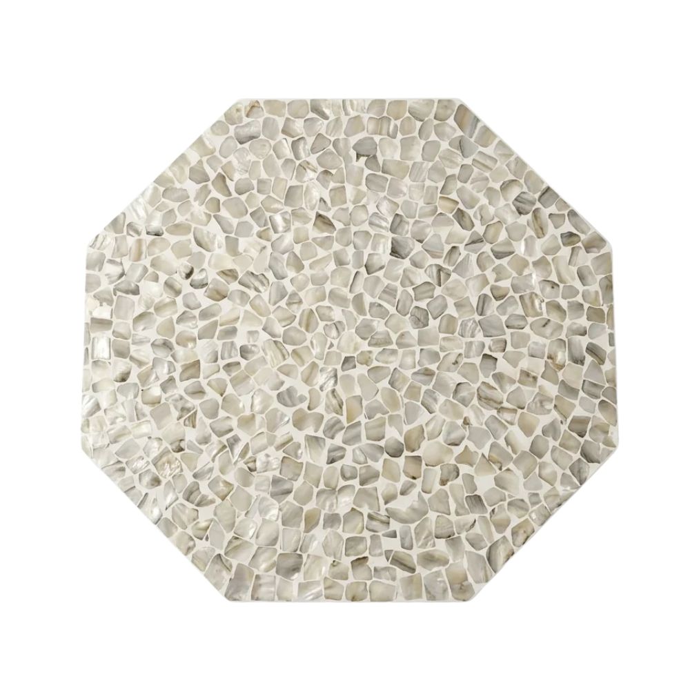 Mother of Pearl Inlay Hexagon Coffee Table – White with Brass Base