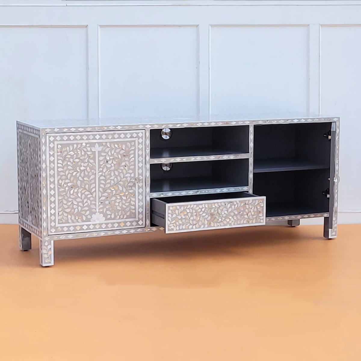 Meher Mother of Pearl inlay 2 Open Shelves and 2 Side Cabinet Media Console