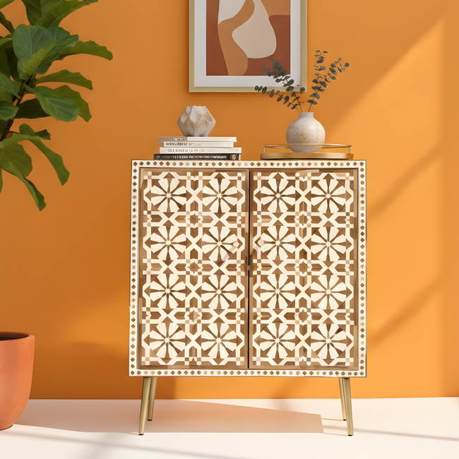 Bone inlay 2 Door Cabinet with Geometric Pattern Hover Image