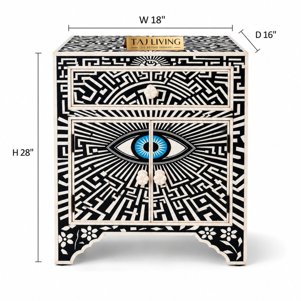 Kashvi Handmade Bone Inlay Nightstand | Black Floral Round Bedside Table