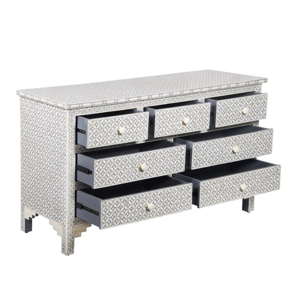 Rajmahal Bone Inlay 7 Drawer Chest of Drawers - Grey Geometric
