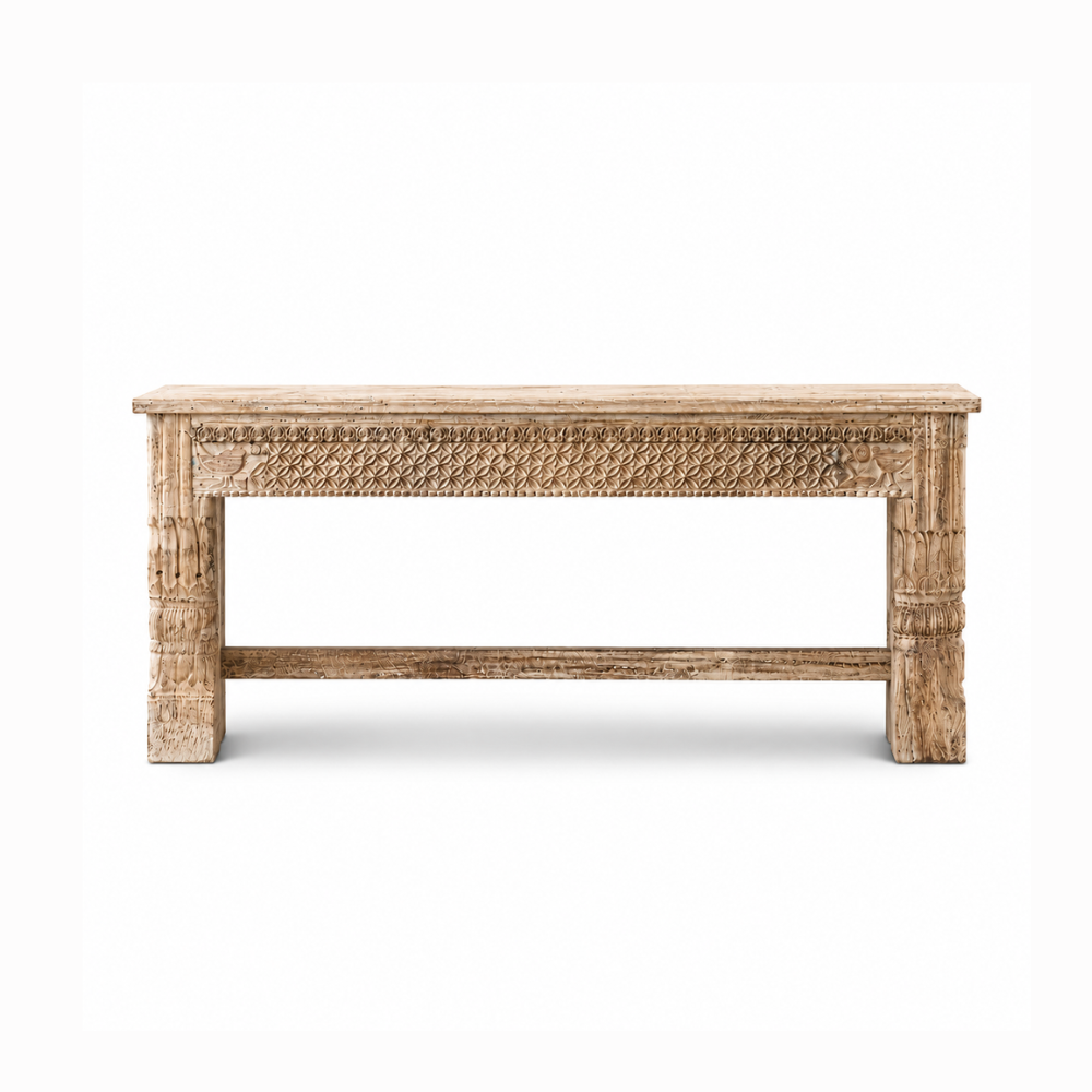 Sand Washed Mango Natural Finish Hand-Carved Console Table
