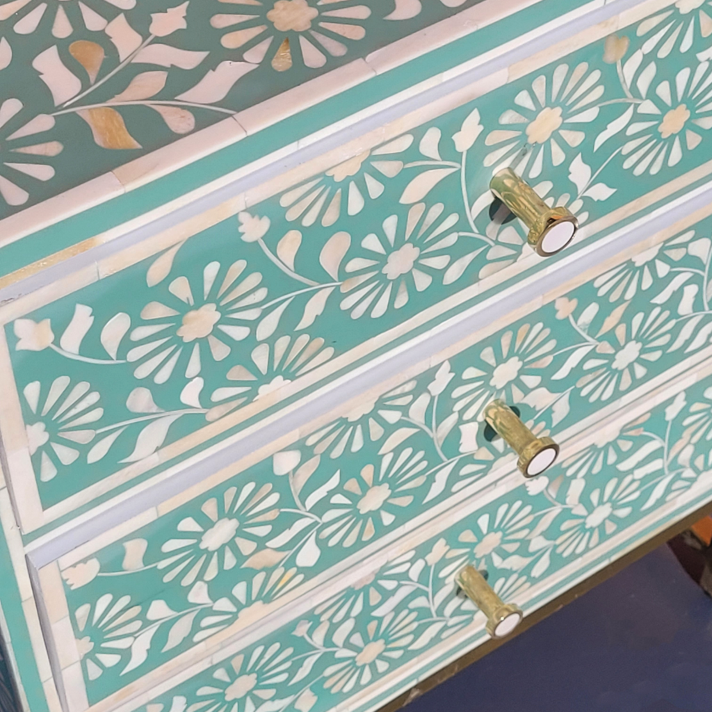 Sheesh Mahal Mint Green Floral Bone Inlay Chest of 3 Drawers