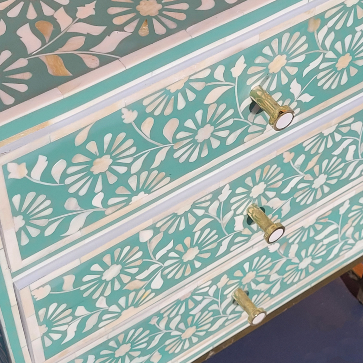 Sheesh Mahal Mint Green Floral Bone Inlay Chest of 3 Drawers