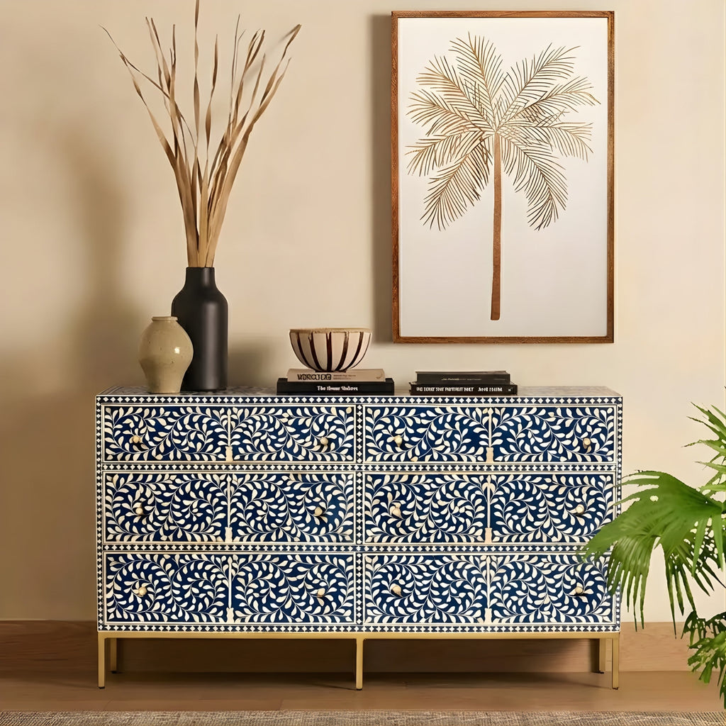 Regal Vine Bone Inlay Sideboard Cabinet - Floral Pattern