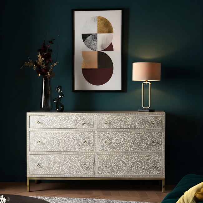 Ivory Floral Bone Inlay 6-Drawer Chest with Gold-Finish Metal Legs Hover Image