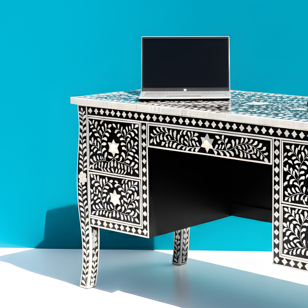 Sheesh Mahal Black Floral Bone Inlay 5-Drawer Office/Home Desk