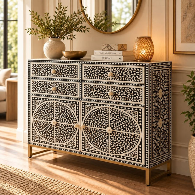 Diwan-e-Khaas Mother of Pearl Inlay Black & White 4-Drawer 2-Door Cabinet Main Image