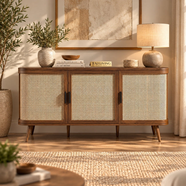 Curved Rattan Large 3-Door Walnut Sideboard,Mango Wood Cupboard TV Unit Hover Image