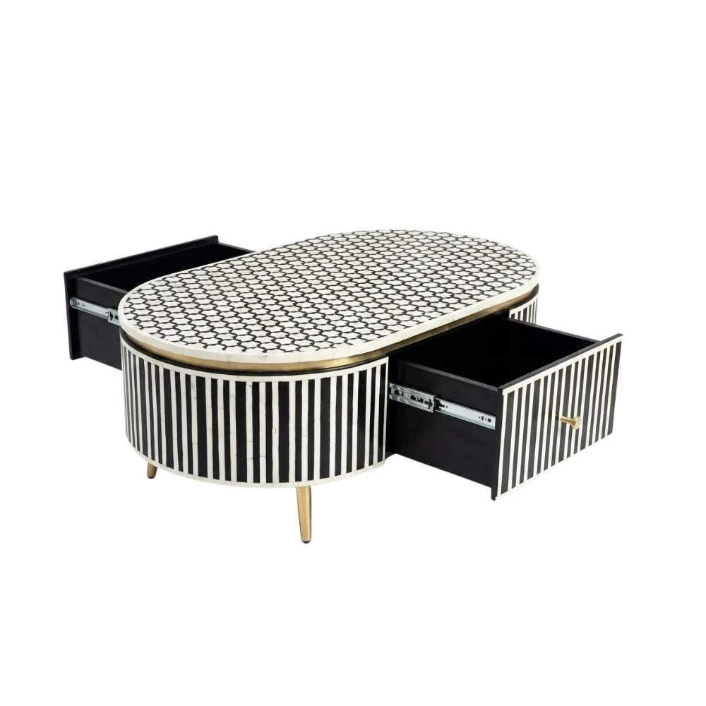 Bone Inlay Black & White Oval 2-Drawer Coffee Table
