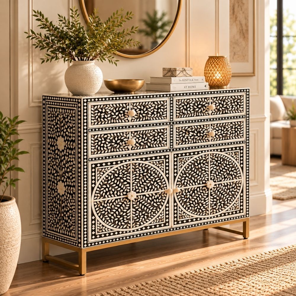 Diwan-e-Khaas Mother of Pearl Inlay Black & White 4-Drawer 2-Door Cabinet