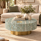 Sea Green Mother of Pearl Inlay Round Coffee Table with Brass Base