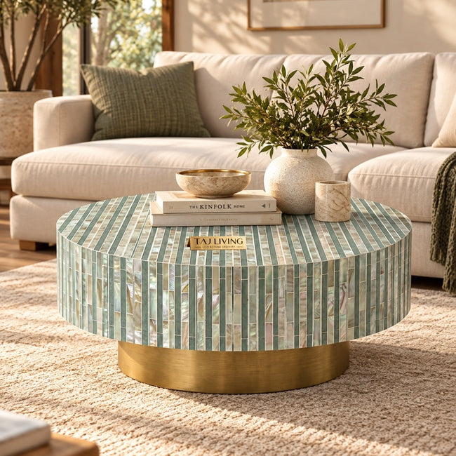 Sea Green Mother of Pearl Inlay Round Coffee Table with Brass Base Hover Image