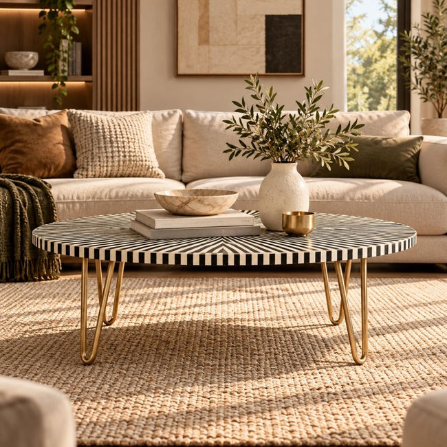 Bone Inlay Black & White Oval Coffee Table Hover Image
