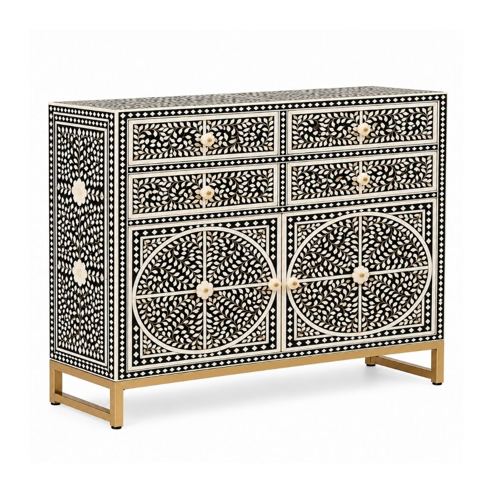 Diwan-e-Khaas Mother of Pearl Inlay Black & White 4-Drawer 2-Door Cabinet