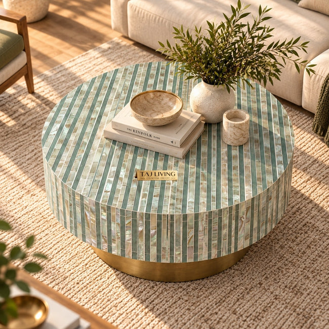 Sea Green Mother of Pearl Inlay Round Coffee Table with Brass Base Main Image
