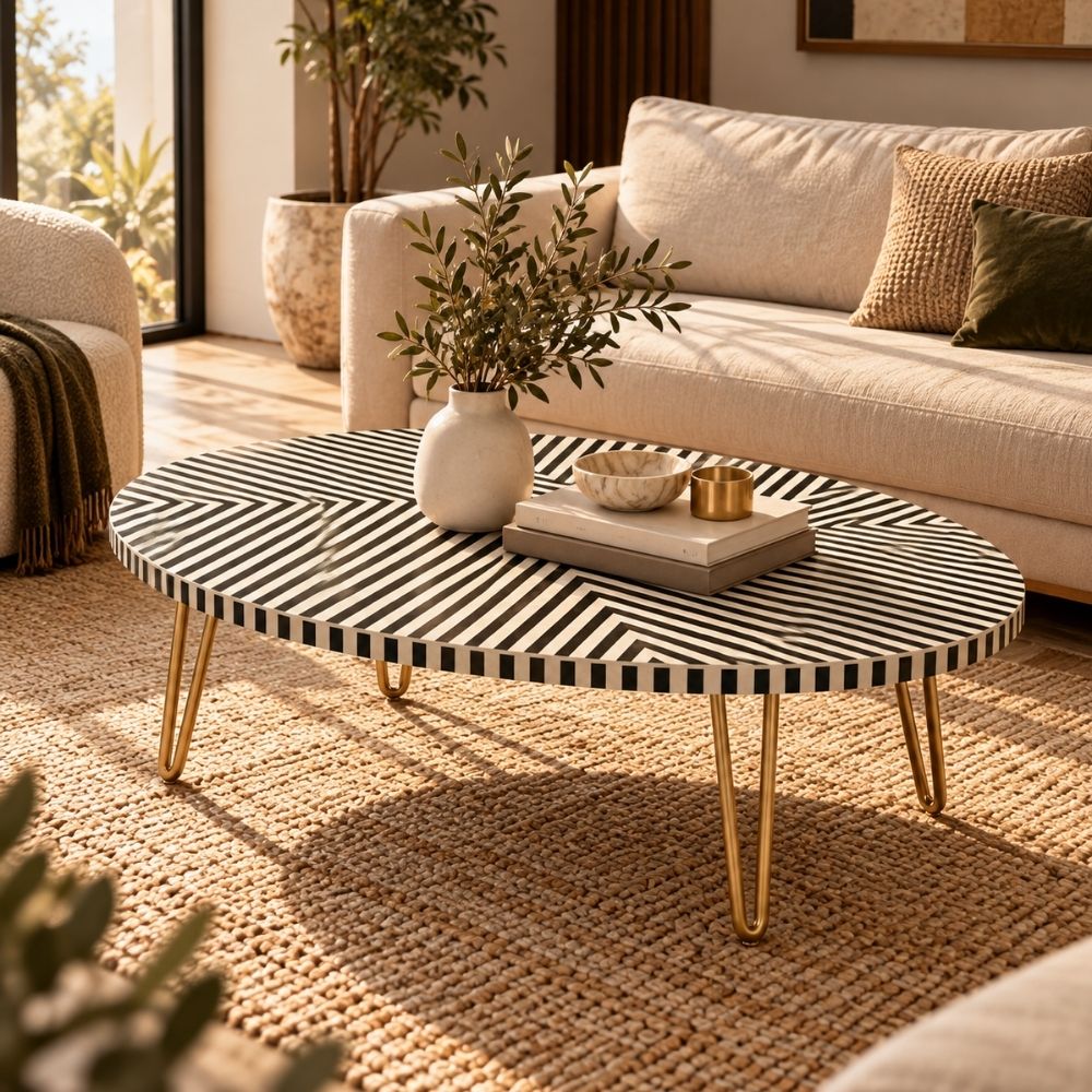 Bone Inlay Black & White Oval Coffee Table
