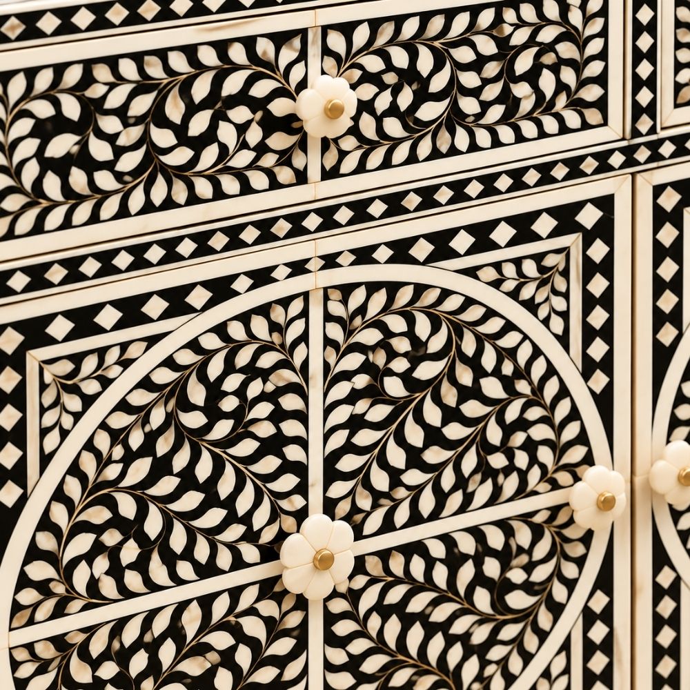 Diwan-e-Khaas Mother of Pearl Inlay Black & White 4-Drawer 2-Door Cabinet