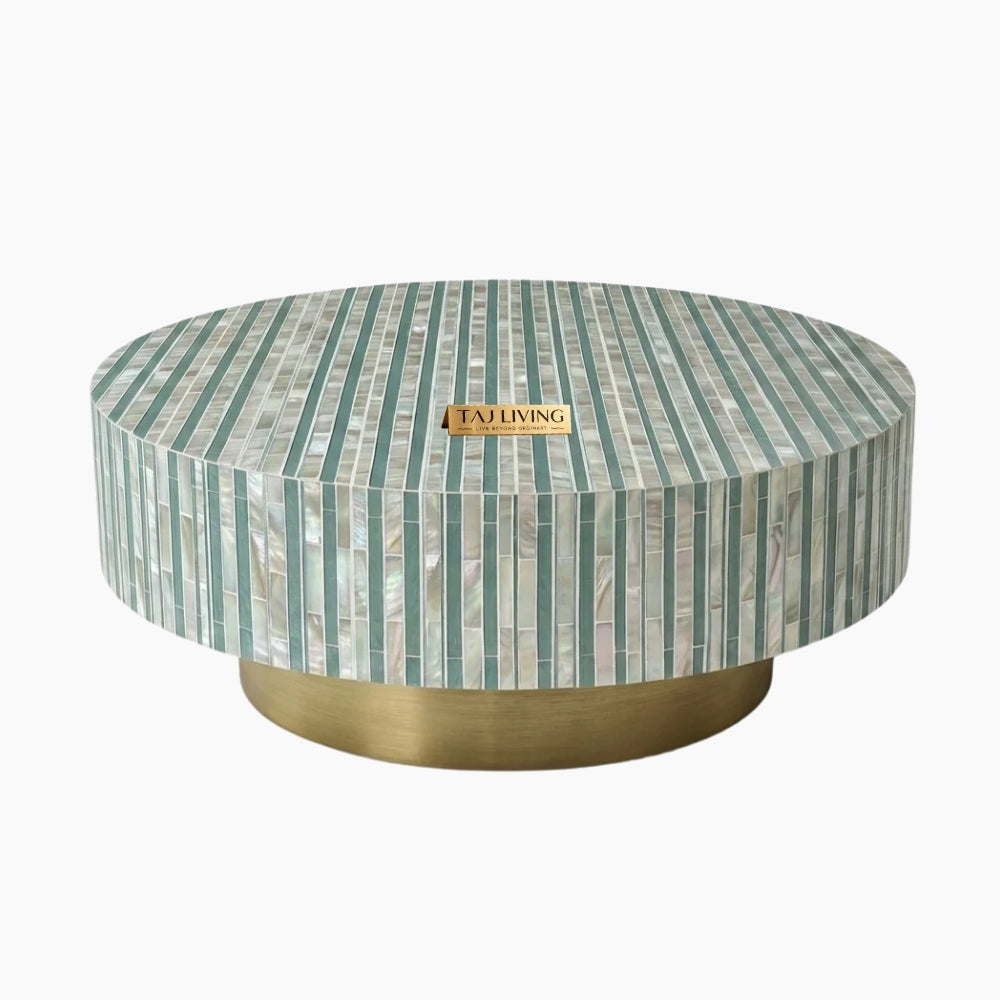 Sea Green Mother of Pearl Inlay Round Coffee Table with Brass Base