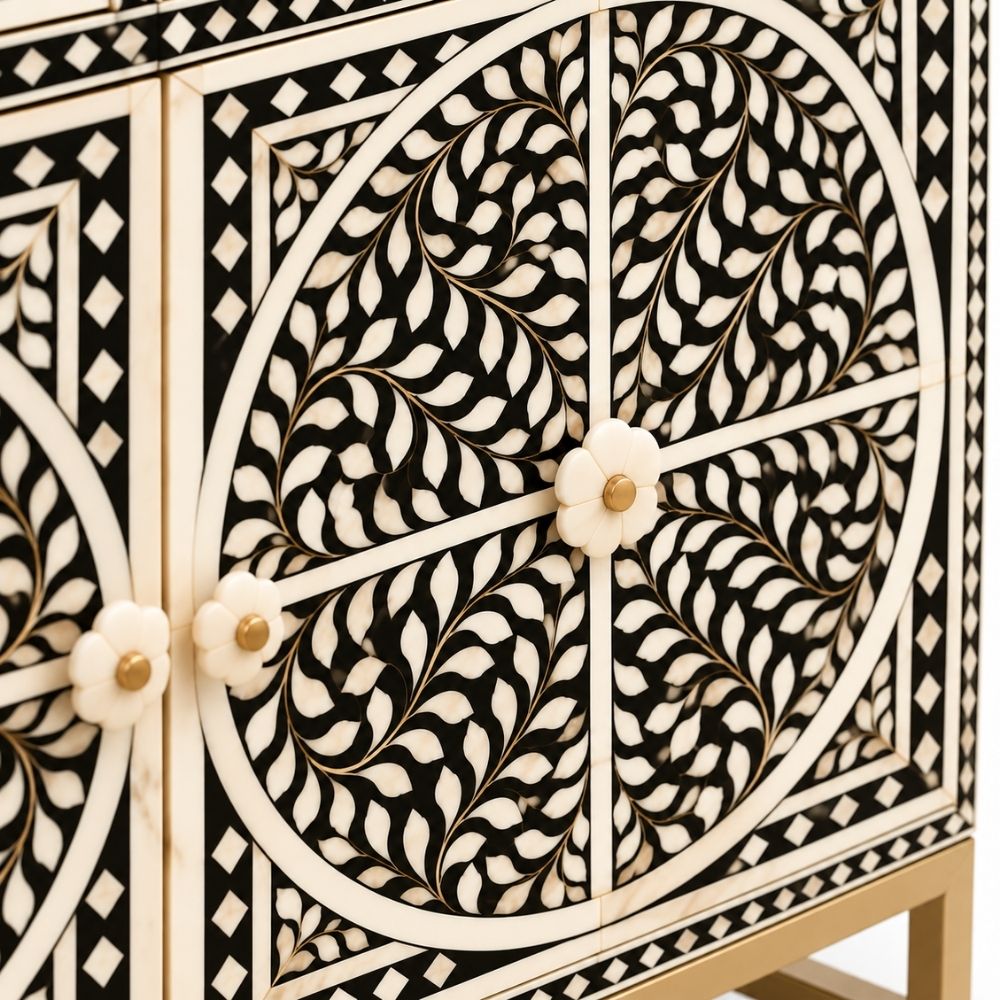 Diwan-e-Khaas Mother of Pearl Inlay Black & White 4-Drawer 2-Door Cabinet