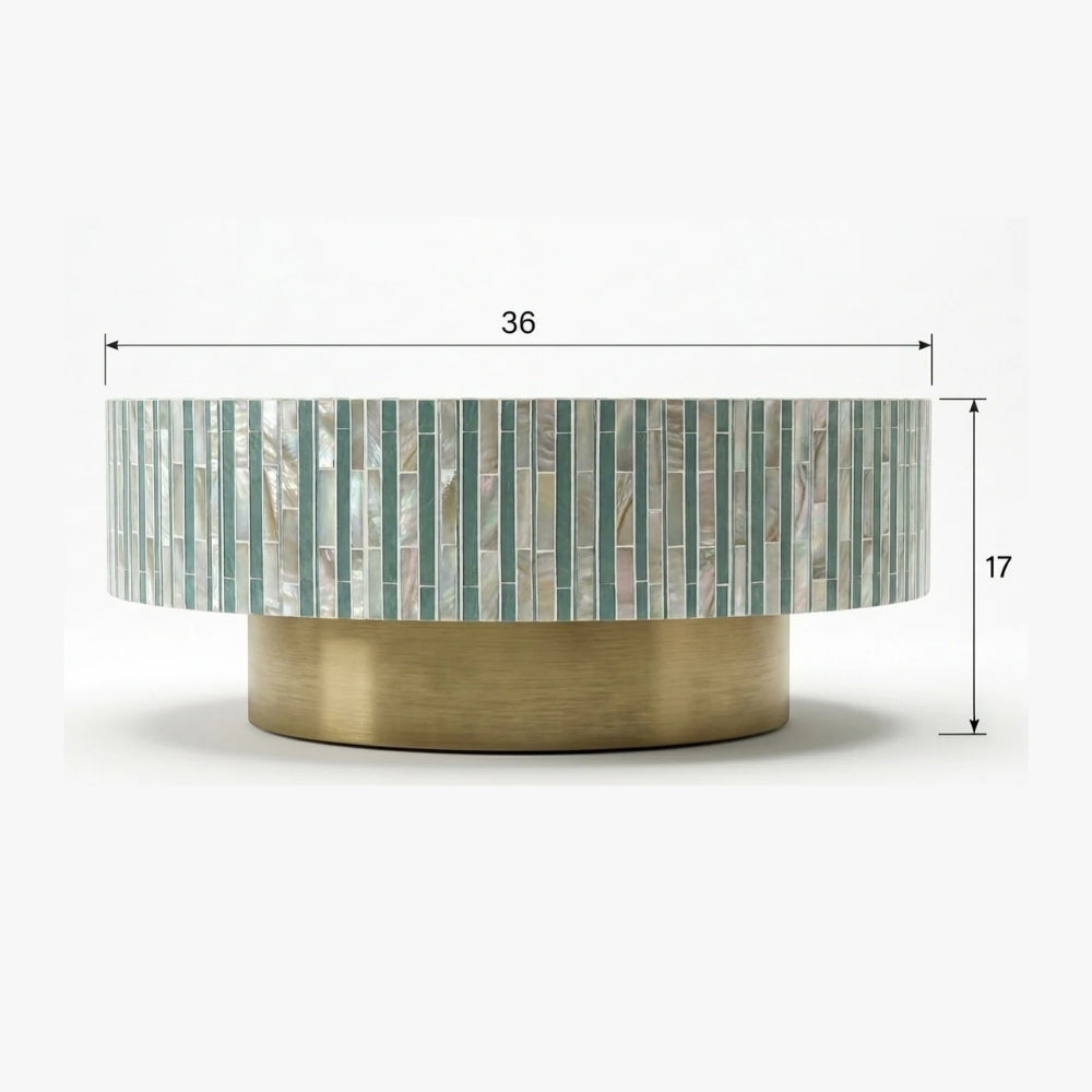 Sea Green Mother of Pearl Inlay Round Coffee Table with Brass Base
