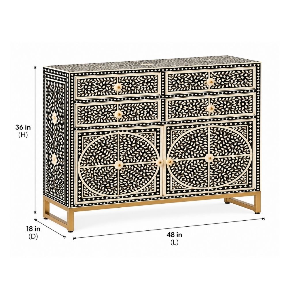 Diwan-e-Khaas Mother of Pearl Inlay Black & White 4-Drawer 2-Door Cabinet