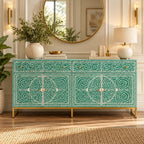 Leheriya Mother of Pearl Inlay Buffet Cabinet, Sea Green 2 Drawer 4 Door Sideboard