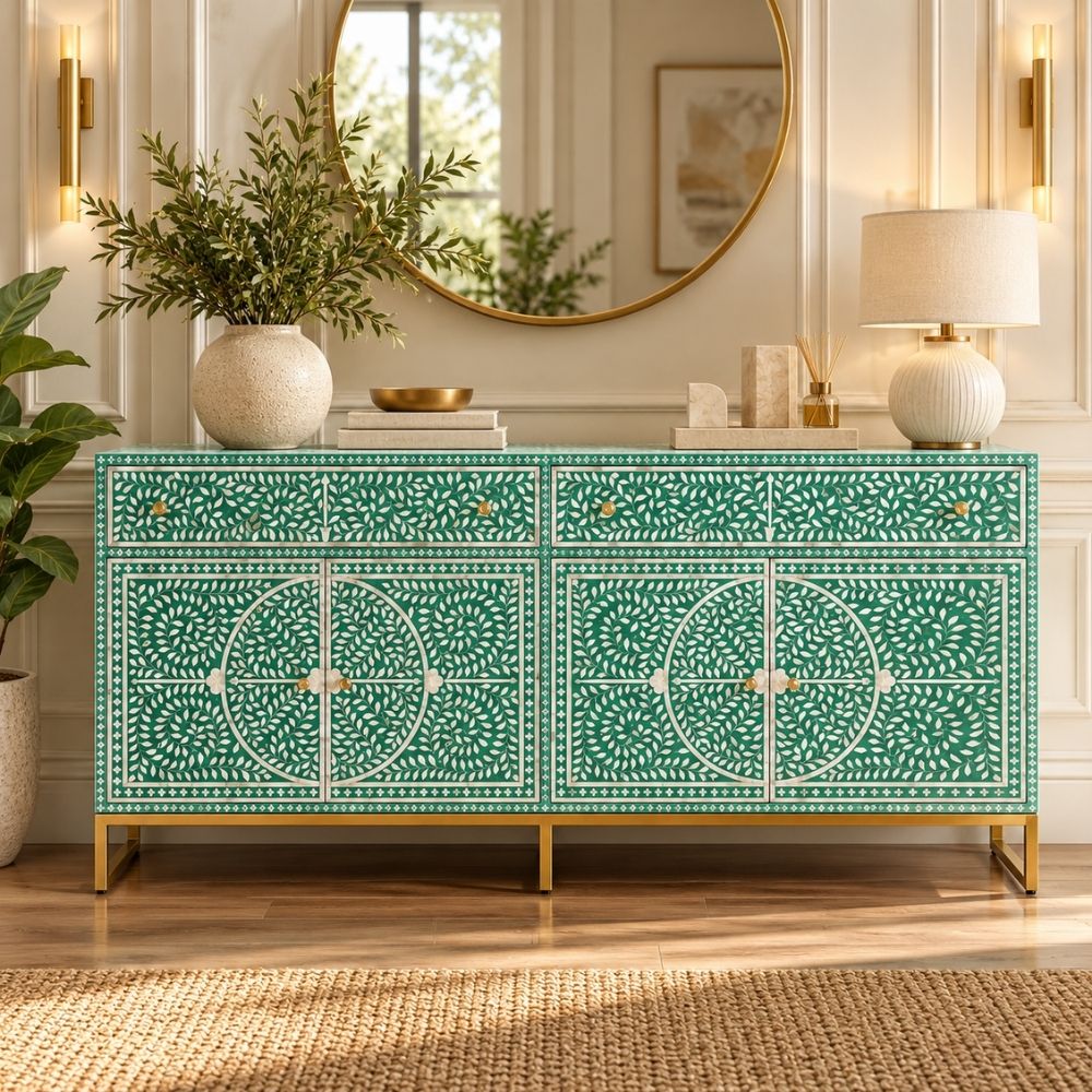 Leheriya Mother of Pearl Inlay Buffet Cabinet, Sea Green 2 Drawer 4 Door Sideboard