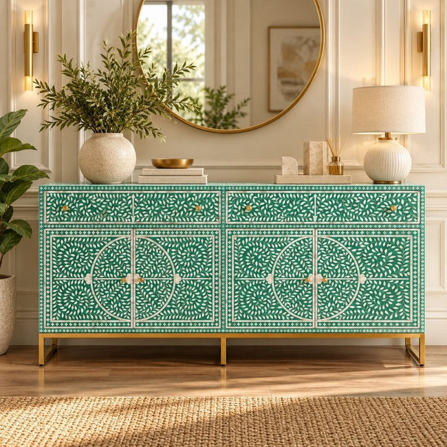 Leheriya Mother of Pearl Inlay Buffet Cabinet, Sea Green 2 Drawer 4 Door Sideboard Hover Image