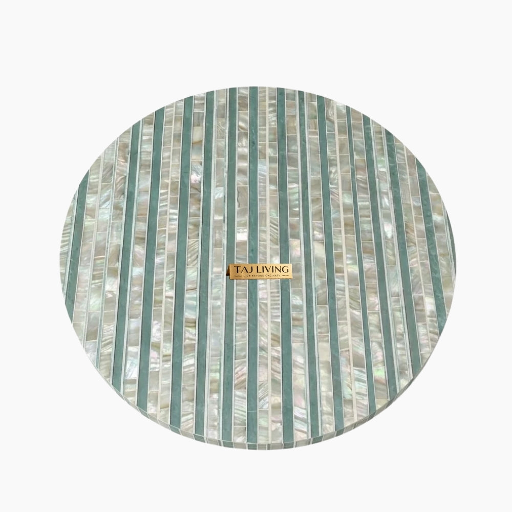 Sea Green Mother of Pearl Inlay Round Coffee Table with Brass Base