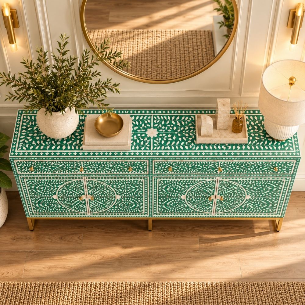 Leheriya Mother of Pearl Inlay Buffet Cabinet, Sea Green 2 Drawer 4 Door Sideboard