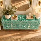 Leheriya Mother of Pearl Inlay Buffet Cabinet, Sea Green 2 Drawer 4 Door Sideboard
