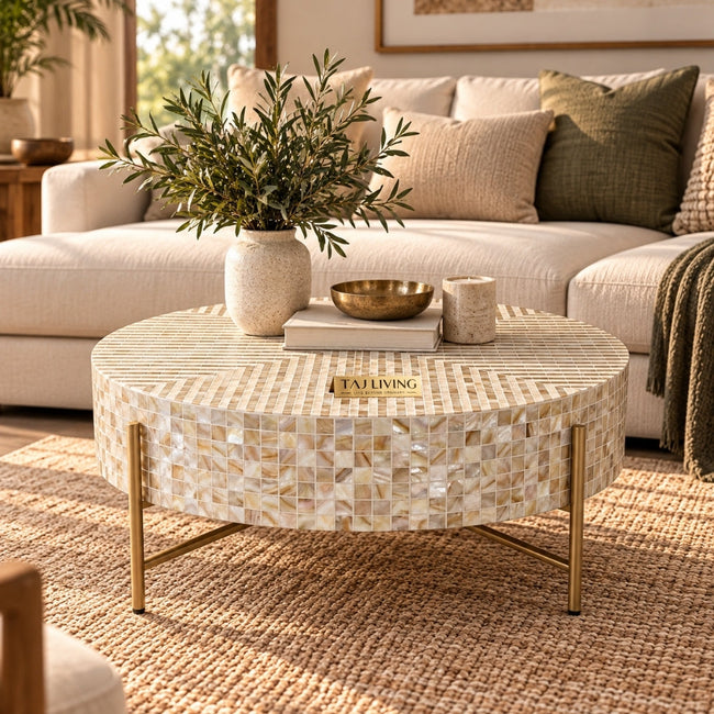 Mother of Pearl Inlay Round Coffee Table, Luxury Handmade Mosaic Coffee Table Hover Image
