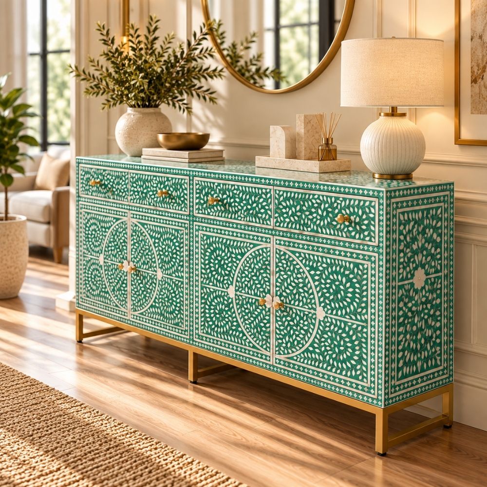 Leheriya Mother of Pearl Inlay Buffet Cabinet, Sea Green 2 Drawer 4 Door Sideboard