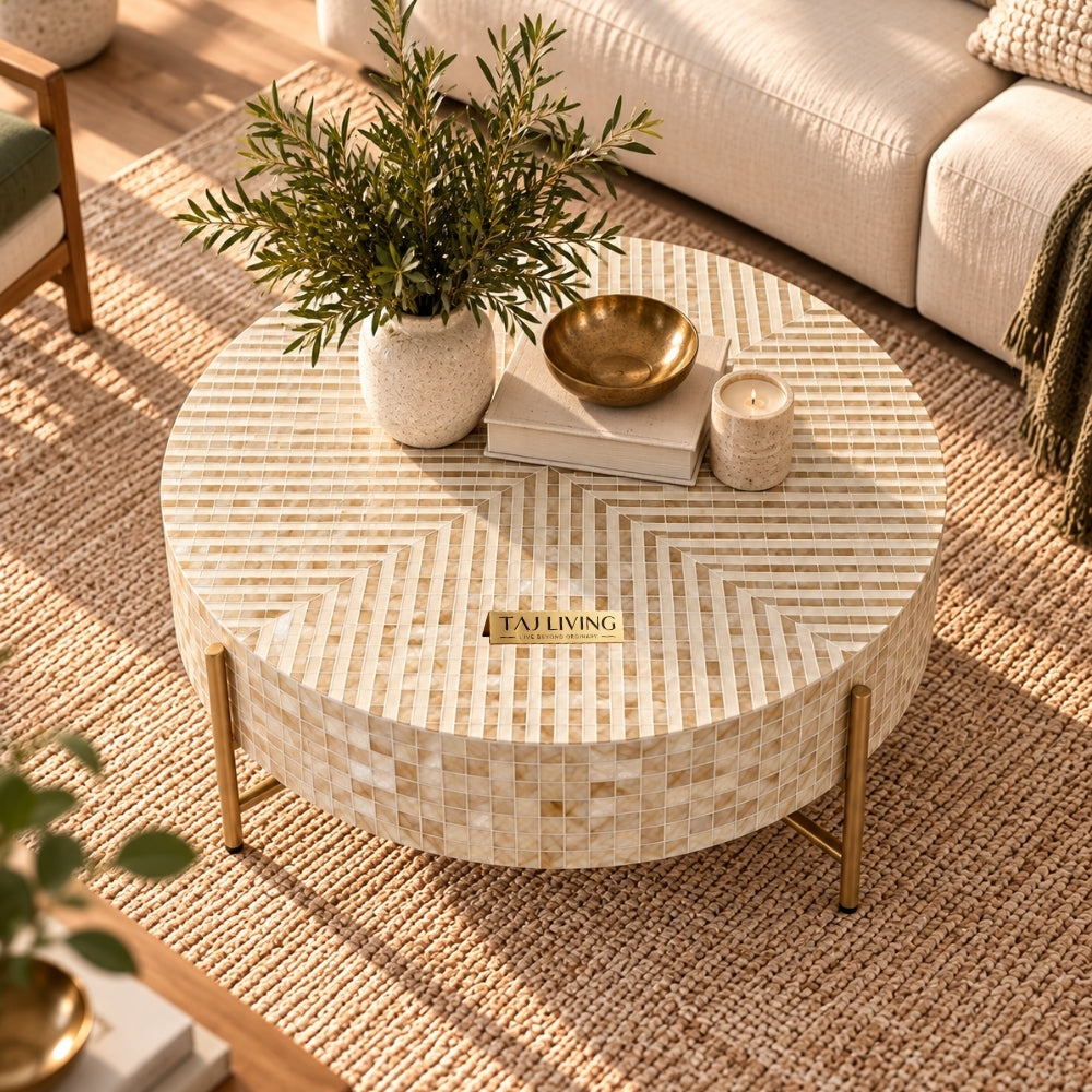 Mother of Pearl Inlay Round Coffee Table, Luxury Handmade Mosaic Coffee Table